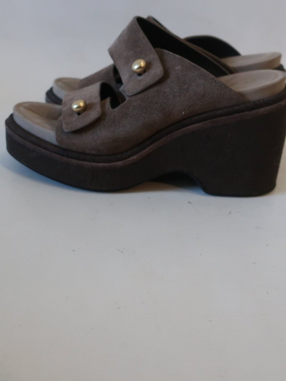 Womens Rag & Bone Taupe Suede Gold Button Platform Wedge Slide Sandals 39 US/9 - Picture 4 of 14